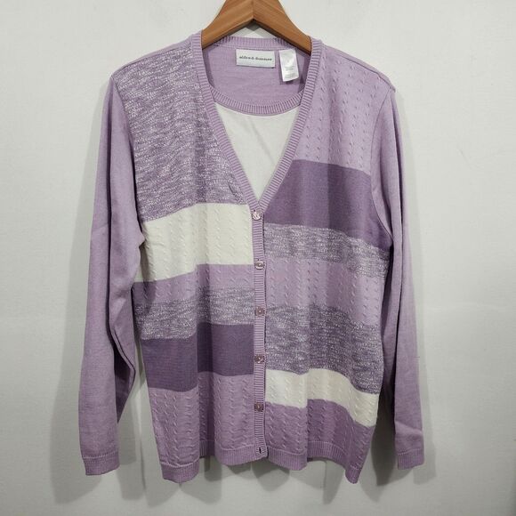 Alfred Dunner Sweaters - Alfred Dunner Blurred Stripes Knit Cardigan Button-front Purple White Womens L